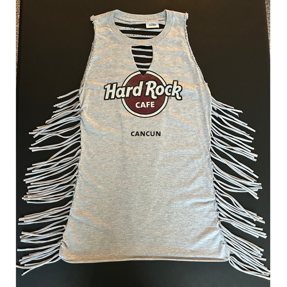 Hard Rock Cafe Cancun Fringe Tank Top Gray Shredded Back XXL Womens (1233)